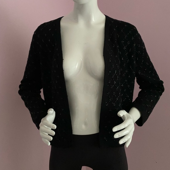 Vintage 90s Ann Taylor Beaded Cardigan V-neck Merino Wool Black Bugle Beads - Picture 4 of 15